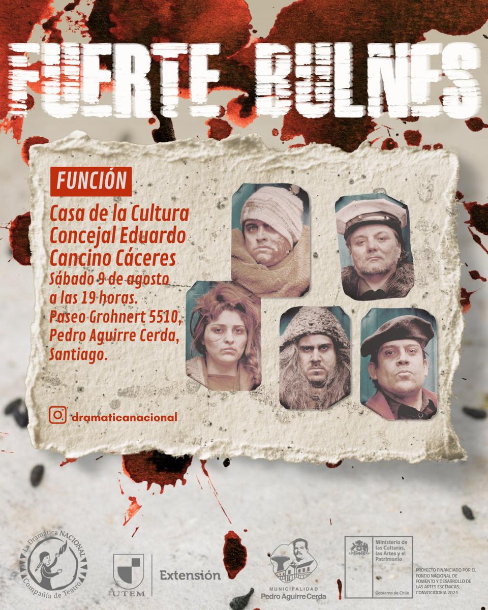 FUERTE BULNES, de María Asunción Requena 

Este sábado 9 de agosto - 19hrs
Teatro Comunal de Pedro Aguirre Cerda
ENTRADA LIBERADA, por orden de llegada

#ladramaticanacional #pacmunicipio