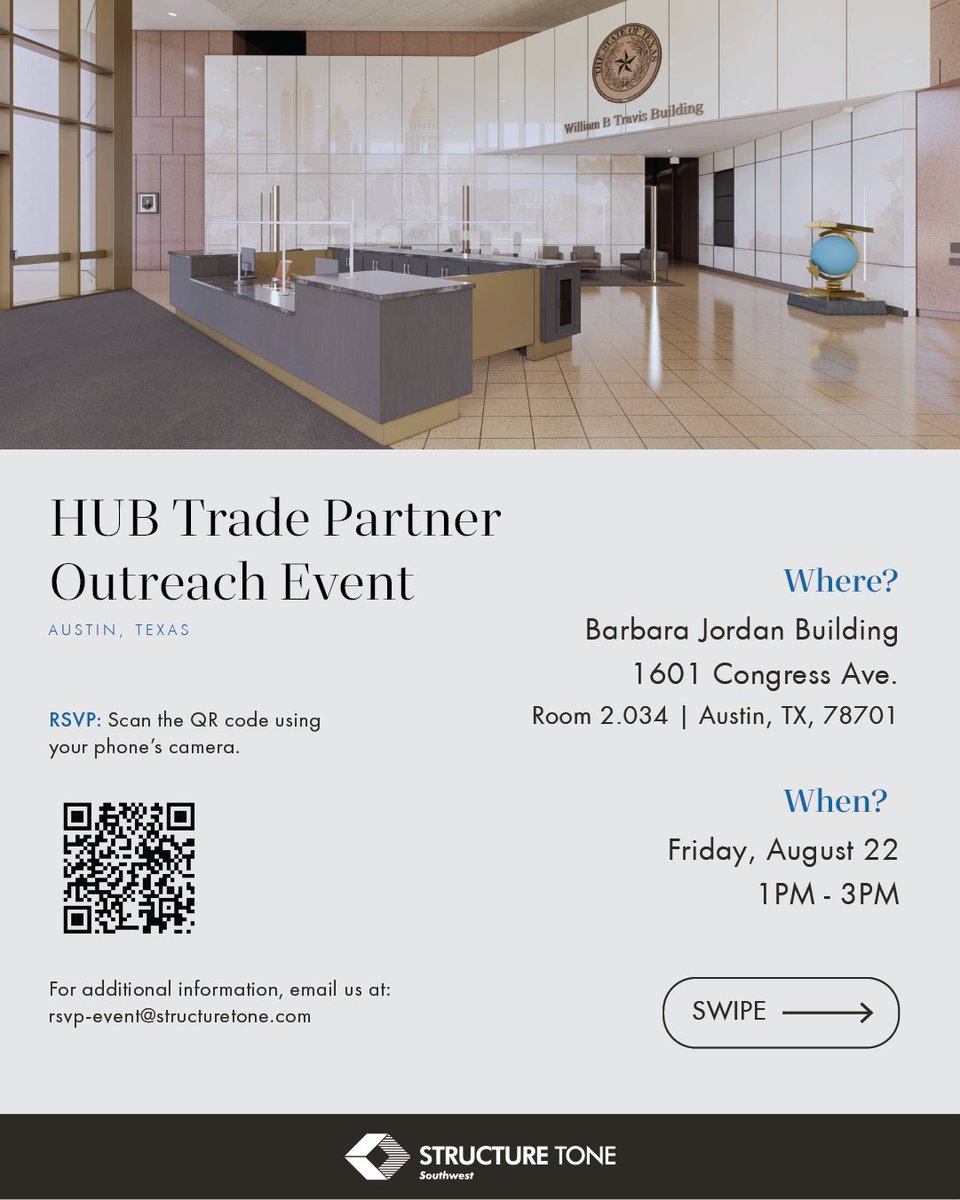 StructureToneSW's tweet image. Join us and our trade partners at the Texas Facilities Commission Outreach Event in #Austin! Explore opportunities to connect and collaborate on this upcoming project.
📅 Friday, August 22
⏱️ 1-3 PM
📍 1601 Congress Avenue, Room 2.034, Austin, TX
structuretoneswevents.com/outreach/austin