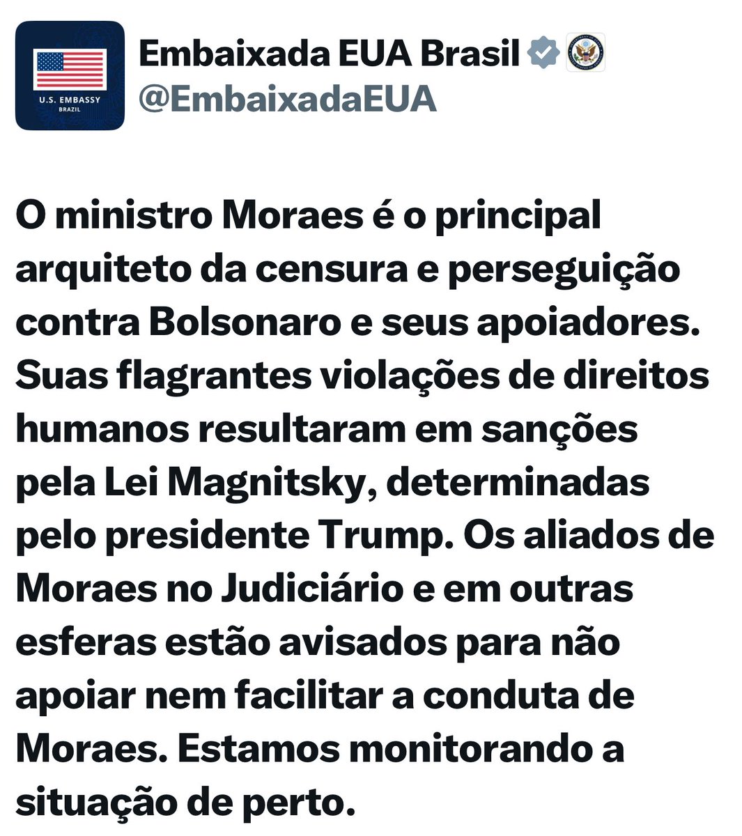 Flavio Bolsonaro (@flaviobolsonaro) on Twitter photo Agora a Embaixada dos Estados Unidos também publica nota sobre abusos de Moraes.
VAZA TOGA
Via <a href="/EmbaixadaEUA/">Embaixada EUA Brasil</a> Agora a Embaixada dos Estados Unidos também publica nota sobre abusos de Moraes.
VAZA TOGA
Via <a href="/EmbaixadaEUA/">Embaixada EUA Brasil</a>