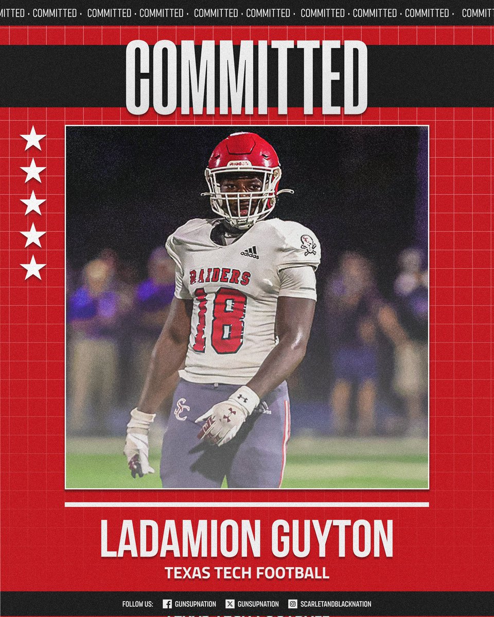 THE NAŦION (@gunsupnation) on Twitter photo 🏈 𝗖𝗢𝗠𝗠𝗜𝗧𝗧𝗘𝗗: Texas Tech Football has landed the commitment from 5⭐- class of 2027 EDGE LaDamion Guyton out of Benedictine Military School (Savannah, GA)! LaDamion is listed as the No.1 player in the 2027 class (On3)!
Welcome to the 806, <a href="/DamionGuyton3/">LaDamion “LG” Guyton</a>! 🏈 𝗖𝗢𝗠𝗠𝗜𝗧𝗧𝗘𝗗: Texas Tech Football has landed the commitment from 5⭐- class of 2027 EDGE LaDamion Guyton out of Benedictine Military School (Savannah, GA)! LaDamion is listed as the No.1 player in the 2027 class (On3)!
Welcome to the 806, <a href="/DamionGuyton3/">LaDamion “LG” Guyton</a>!