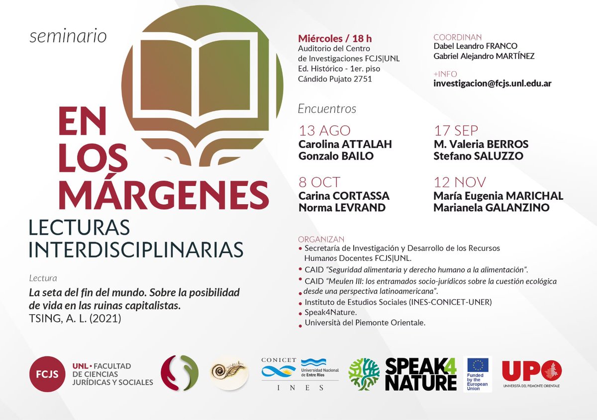 📚 Durante este cuatrimestre vamos a estar leyendo colectivamente en el nuevo seminario "En los márgenes" del Centro de Investigaciones de la <a href="/FCJS_UNL/">FCJS-UNL</a>  

🤝 Organizado por <a href="/ProyectoMeulen/">MeulenProyecto</a> <a href="/Speak4Nat/">Speak4Nature</a> y el proyecto de investigación sobre seguridad alimentaria.

🙌 Te esperamos.