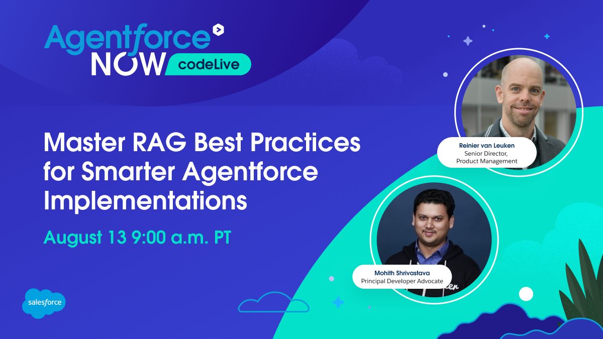 SalesforceDevs's tweet image. 🗓️ Mark you calendar for this month's Agentforce NOW #codeLive! 

🧠 Join Salesforce experts to learn best practices for mastering Retrieval Augmented Generation (RAG) for smarter Agentforce implementations.

📝 Register for the session on August 13 at 9:00 a.m. PT ➡️