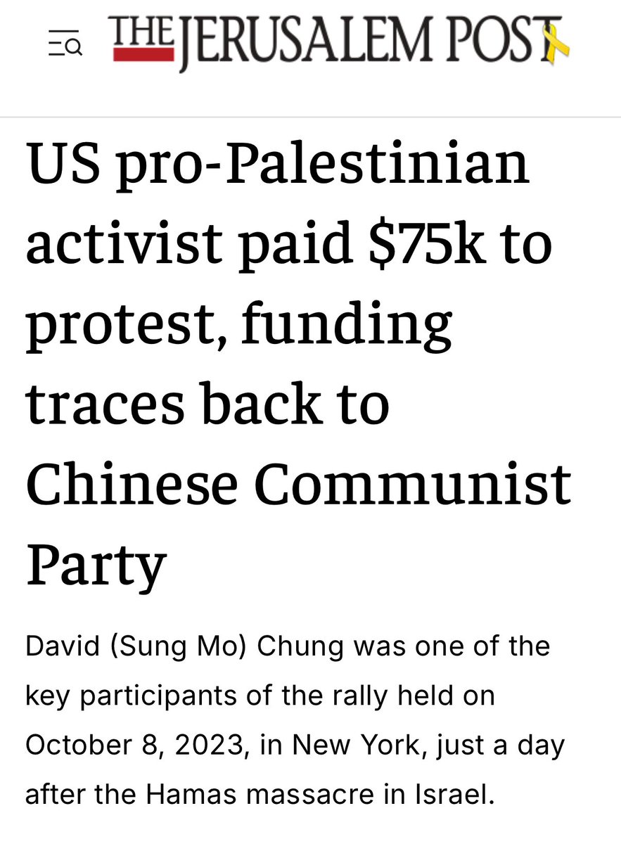 Eyal Yakoby (@eyakoby) on Twitter photo BREAKING: David Chung has been exposed as a paid agitatorโraking in $75K/year from a CCP-backed group to chant โIntifadaโ in Times Square.
The pro-Palestinian movement has always had to pay for support. BREAKING: David Chung has been exposed as a paid agitatorโraking in $75K/year from a CCP-backed group to chant โIntifadaโ in Times Square.
The pro-Palestinian movement has always had to pay for support.