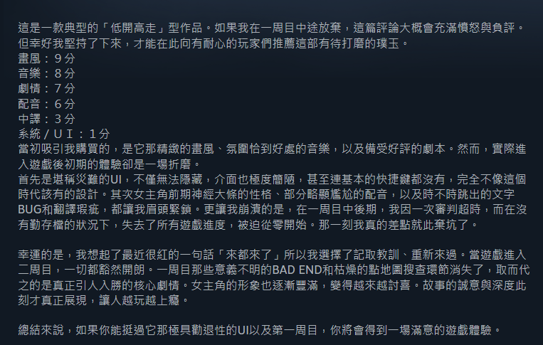 今天玩了魔法少女的魔女審判😔
基本上算是把第一個審判給跑完了，真的全程扶額頭，有一種被餵了一坨大的的感覺，下播後還在猶豫要不要退坑的時候翻了翻評論發現評論全部都是好評且大家的共通感想都是"低開高走"劇情
既然評論都這樣推了，那我也努力看看跑完吧

直譯：我會玩完。