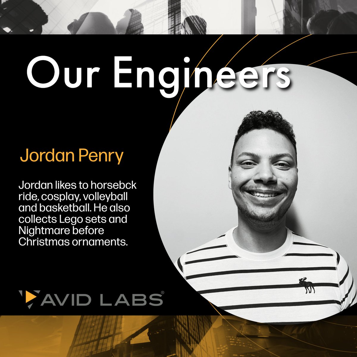 Meet Jordan from our Engineers at Avid Labs! 🏀 Jordan enjoys horseback riding, cosplay, volleyball, and basketball, and loves collecting Lego sets and Nightmare Before Christmas ornaments. #AvidLabs #Engineering #OurPeople