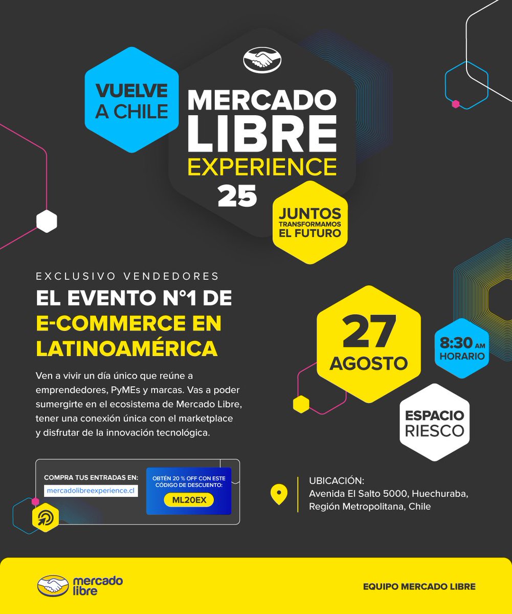 Atención interesados : Compartimos con ustedes codigo de descuento para el 27 de agosto ,  se viene la segunda edición de Mercado Libre Experience Chile! 
¿Dónde? Espacio Riesco, Santiago
¿Cuándo? El miércoles 27 de agosto
Entradas disponibles en: mercadolibreexperience.cl

atte