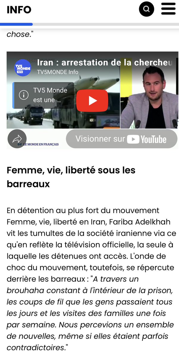 TV5 Monde : 

Fariba Adelkhah : comment "Femme, vie, liberté" traverse la société iranienne

&lt;&lt;
Fariba Adelkhah ne se dit pas féministe : "Je suis chercheure. Certains veulent renverser, réformer. D'autres, comme moi, veulent tout simplement connaître.