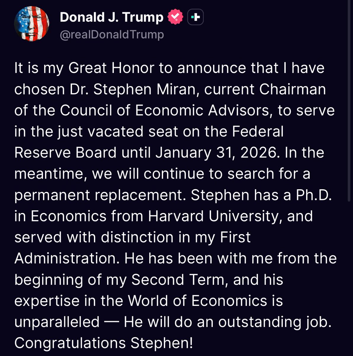 🚨🚨🚨President Trump announces an interim replacement for the recently vacated seat on the Federal Reserve Board: