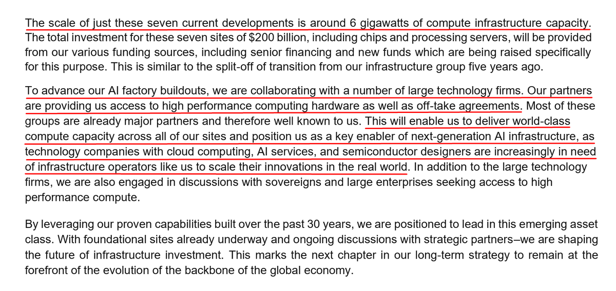 Why would anyone sell $BN after reading the shareholder letter.

TLDR; BN is about to launch the buildout of 7 AI centers with the largest tech companies in the world, with a total estimated cost of $200B.