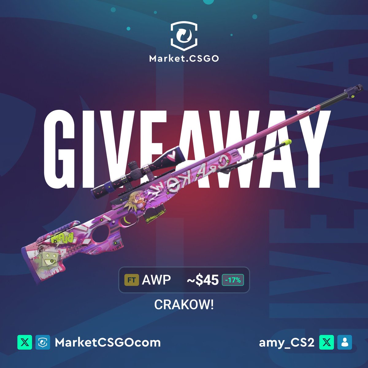 🎁 AWP | Crakow! FT Giveaway 🎁

How to Enter:
1️⃣ Follow <a href="/MarketCSGOcom/">Market.CSGO</a> + <a href="/amy_CS2/">amy 🥀</a> 
2️⃣ Like and Retweet this post
3️⃣ Tag at least one of your teammate under the comment section

Winner will be announced on Aug 15th.
Don't miss the chance have that beauty. ✨