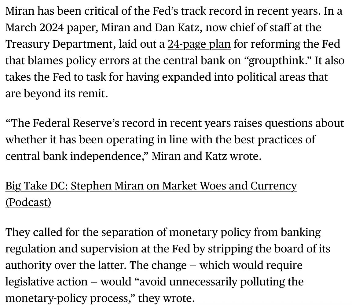 CaitlinLong_'s tweet photo. 🚨🚨🚨 -- Wow, it seems Miran "gets" it based on the below. The Fed's bank regulators certainly became politicized in #OperationChokePoint2.0.
https://t.co/LjrS0hBR2Q https://t.co/0sdUQuexcP