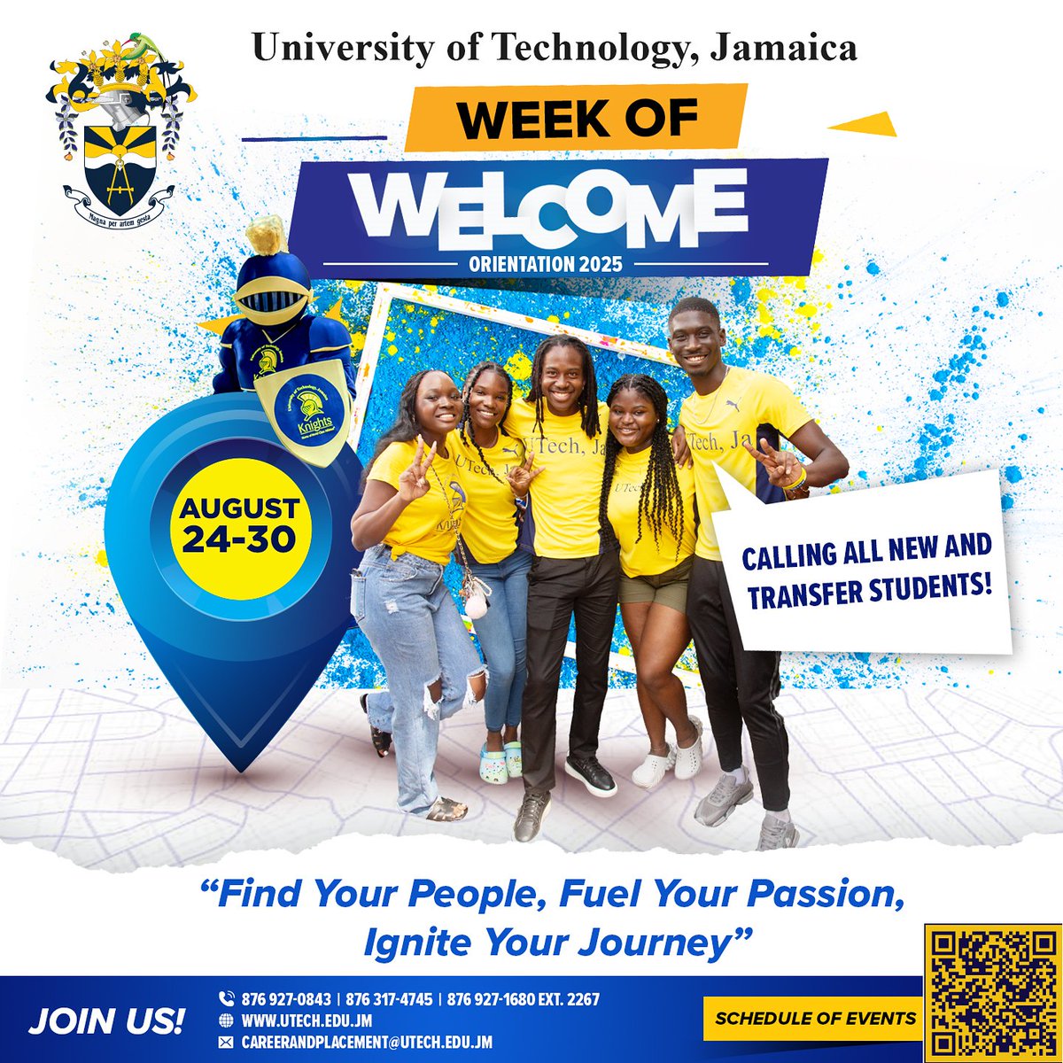 Week of Welcome | August 24–30

Calling all new and transfer students!
It’s time to find your people, fuel your passion, and ignite your journey at UTech, Jamaica. 💙💛 ⚔️

A full week of activities, connections, and campus vibes awaits — don’t miss it!