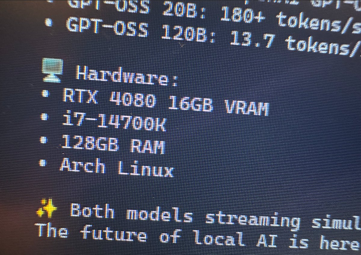 OpenAgentsInc's tweet image. Both GPT-OSS models are fast &amp;amp; smooth on my Linux desktop with a single 4080

Forgot how awesome llama.cpp is

20B - 180 tok/s
120B - 13 tok/s

arch btw