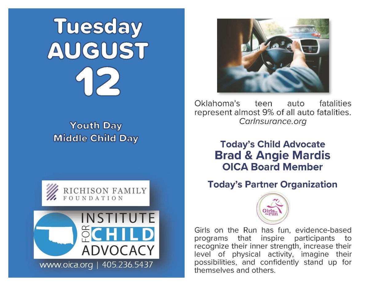 It's #YouthDay &amp; #MiddleChildDay. Oklahoma's teen auto fatalities represent almost 9% of all auto fatalities. Today's child advocates are OICA Board Member Brad &amp; Angie Mardis. Our featured partner is Girls on the Run.