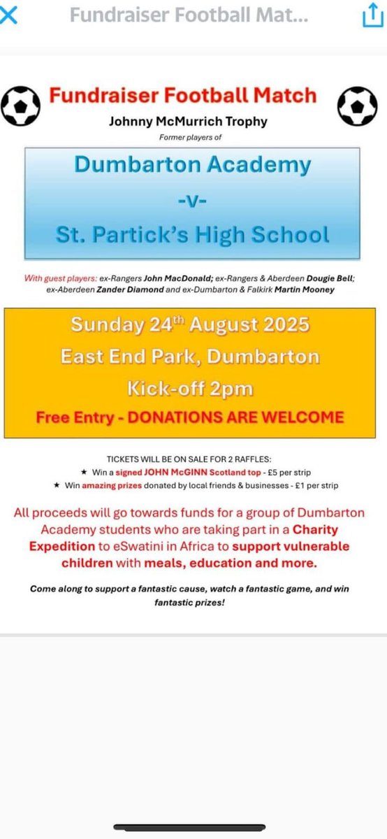 We will have a team of ex players taking on St Pats on Sunday 24th August at East End Park
In a game to raise funds for a group of Dumbarton Academy pupils to travel to Africa to help support vulnerable children.

Get yourself along to support both teams and a great cause