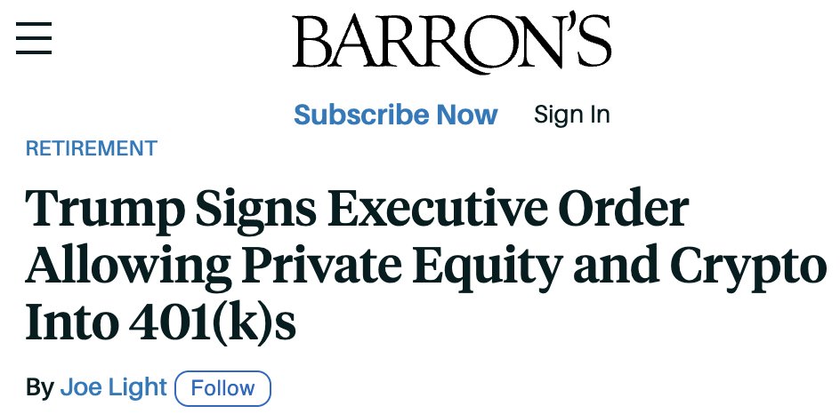 BREAKING: TRUMP SIGNS EXECUTIVE ORDER ALLOWING PRIVATE EQUITY AND CRYPTO INTO 401(K)S
