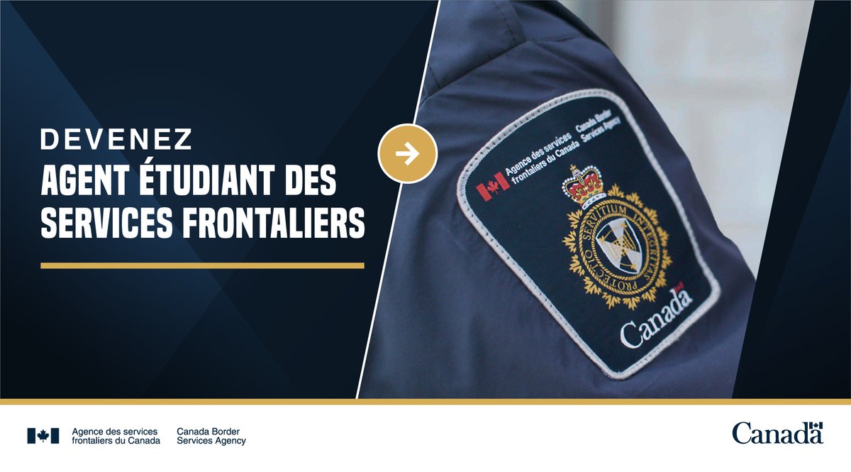 Agence des services frontaliers du Canada (@frontierecan) on Twitter photo Étudiants/es ! Voici votre chance de travailler dans un environnement dynamique d'application de la loi.
Nous recrutons des agents étudiants des services frontaliers pour l'été 2026. 
Si vous êtes intéressé, postulez avant le 18 septembre : emploisfp-psjobs.cfp-psc.gc.ca/srs-sre/page01… Étudiants/es ! Voici votre chance de travailler dans un environnement dynamique d'application de la loi.
Nous recrutons des agents étudiants des services frontaliers pour l'été 2026. 
Si vous êtes intéressé, postulez avant le 18 septembre : emploisfp-psjobs.cfp-psc.gc.ca/srs-sre/page01…