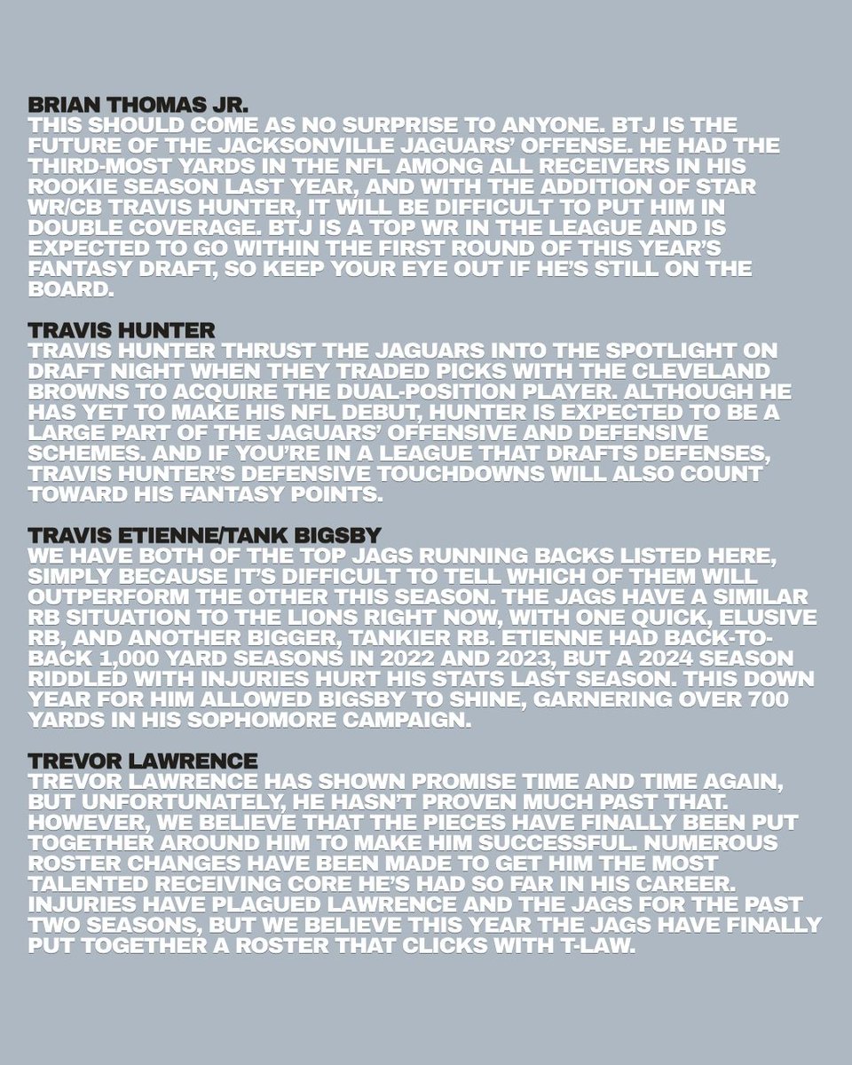 "Here are a few Jaguars that are expected to make a big splash in fantasy this season."

“Folio” Fantasy Football Draft Guide: Hometown Heroes
Kaleb Stowell 
folioweekly.com/2025/08/01/fol…