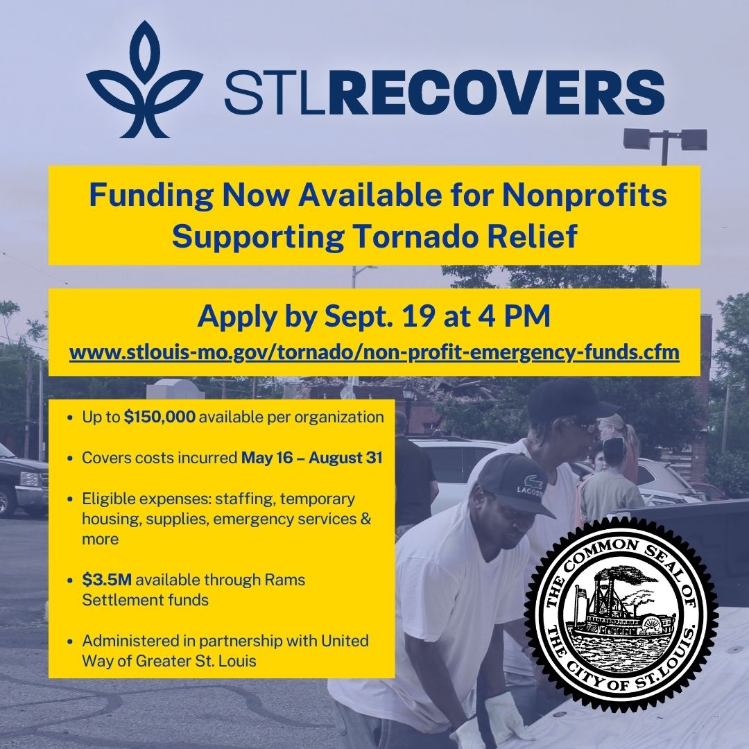 City of St. Louis (@stlcitygov) on Twitter photo 📢Nonprofits helping with #STL tornado recovery can apply for reimbursement grants up to $150K. Apply by Sept. 19 at 4 PM.🔗 stlouis-mo.gov/human-services…
🧾Covers costs from May 16–Aug 31. $3.5M available via Rams Settlement.
📅 Covers costs from May 16–August 31
<a href="/UnitedWaySTL/">United Way of Greater St. Louis</a> 📢Nonprofits helping with #STL tornado recovery can apply for reimbursement grants up to $150K. Apply by Sept. 19 at 4 PM.🔗 stlouis-mo.gov/human-services…
🧾Covers costs from May 16–Aug 31. $3.5M available via Rams Settlement.
📅 Covers costs from May 16–August 31
<a href="/UnitedWaySTL/">United Way of Greater St. Louis</a>