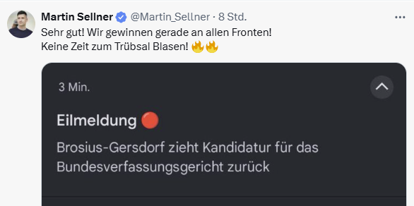 Wenn ein Europa-weit bekannter Neonazi den Rückzug von Frauke Brosius-Gersdorf als Erfolg "an der Front" bezeichnet, weiß man, dass die <a href="/cducsubt/">CDU·CSU</a> , allen voran <a href="/jensspahn/">Jens Spahn</a> am Nasenring durch die Manege der Rechtsradikalen geführt wurde.
