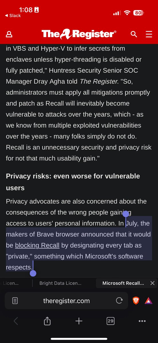 BrendanEich's tweet image. Good thing @Brave blocks Recall, even though MS, after disastrous launch with Recall opt-out, made it opt-in. It still captures sensitive info as @TheRegister reports. I sense a bad game of Whack-a-mole is afoot.