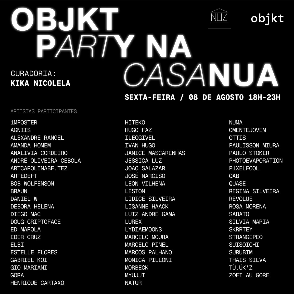 objkt.com (@objktcom) on Twitter photo Announcing the (very hot) list of Brazilian artists that we are presenting tomorrow in the OBJKT PARTY at <a href="/Casa_NUA/">CasaNUA.6529</a> in São Paulo 😍
It will be a huge celebration of this brilliant community and its art 💚 🇧🇷💛 Announcing the (very hot) list of Brazilian artists that we are presenting tomorrow in the OBJKT PARTY at <a href="/Casa_NUA/">CasaNUA.6529</a> in São Paulo 😍
It will be a huge celebration of this brilliant community and its art 💚 🇧🇷💛