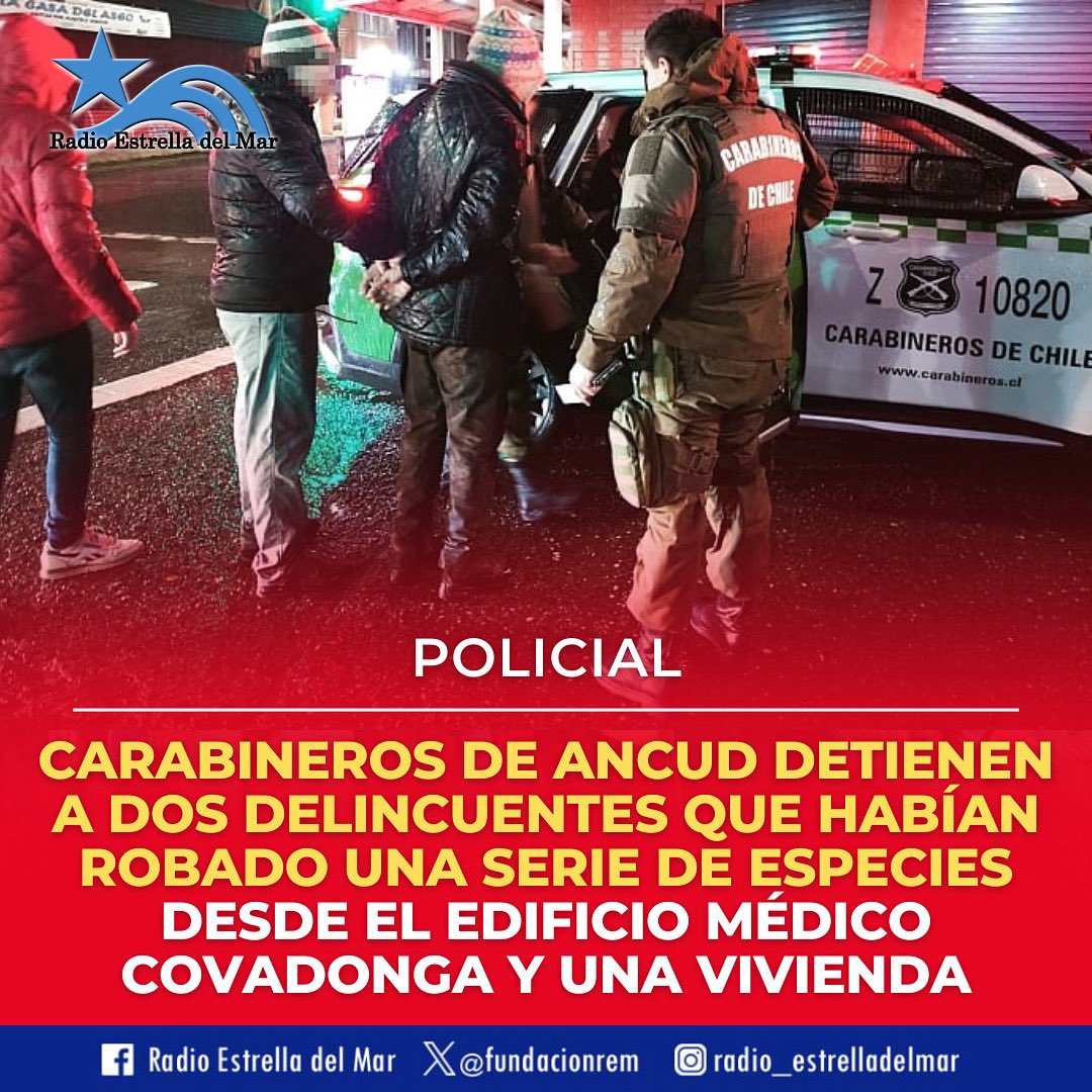 🚨| POLICIAL - En un efectivo operativo, Carabineros de la primera comisaría de Ancud detuvo a dos delincuentes quienes habían robado una serie de especies desde una Clínica Médica y una vivienda.