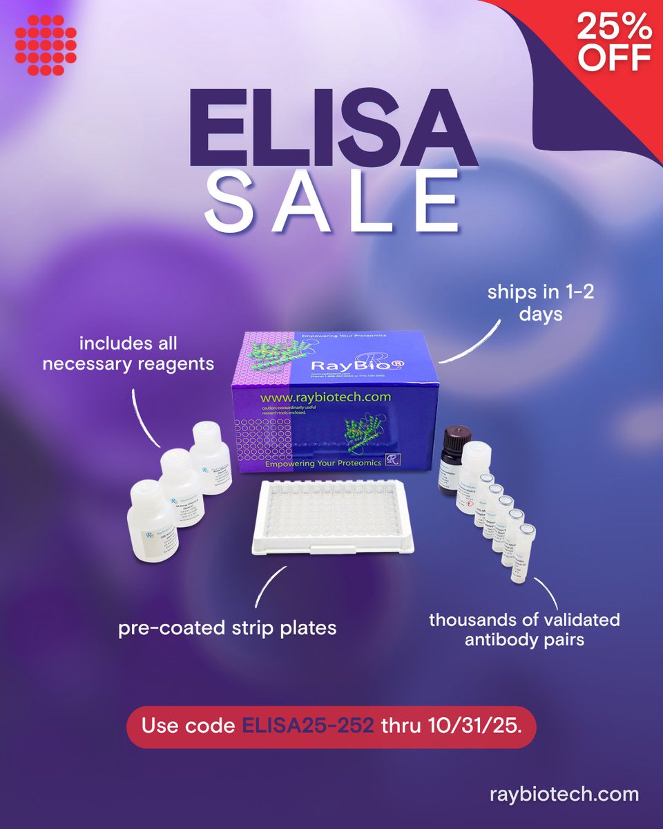Take advantage of a 25% discount on our extensive range of ELISA immunoassay kits. Choose from over 6,000 kits across 17 species.
🐶🐀🐴🐒🐕🐷🐠🐈🐄🐑🐁🐇🐬🐓🐖

Browse our selection: raybiotech.com/elisa-kits

#ELISA #immunoassay #scientificresearch