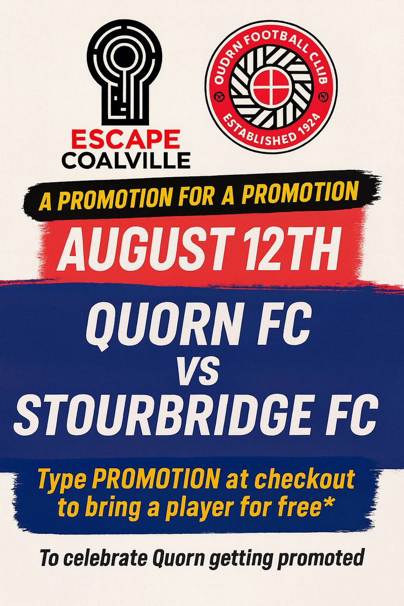 (C) Quorn Football Club (@quornafc) on Twitter photo Thank you to our first match sponsors of the season, <a href="/EscapeCoalville/">Escape Coalville</a>, who have an offer on for the next week. Use the code "PROMOTION" at checkout to take an extra player free (minimum of three paying players). Code valid until the 14th of August.
#WeAreQuorn #QuornFC #TheReds🟥 Thank you to our first match sponsors of the season, <a href="/EscapeCoalville/">Escape Coalville</a>, who have an offer on for the next week. Use the code "PROMOTION" at checkout to take an extra player free (minimum of three paying players). Code valid until the 14th of August.
#WeAreQuorn #QuornFC #TheReds🟥