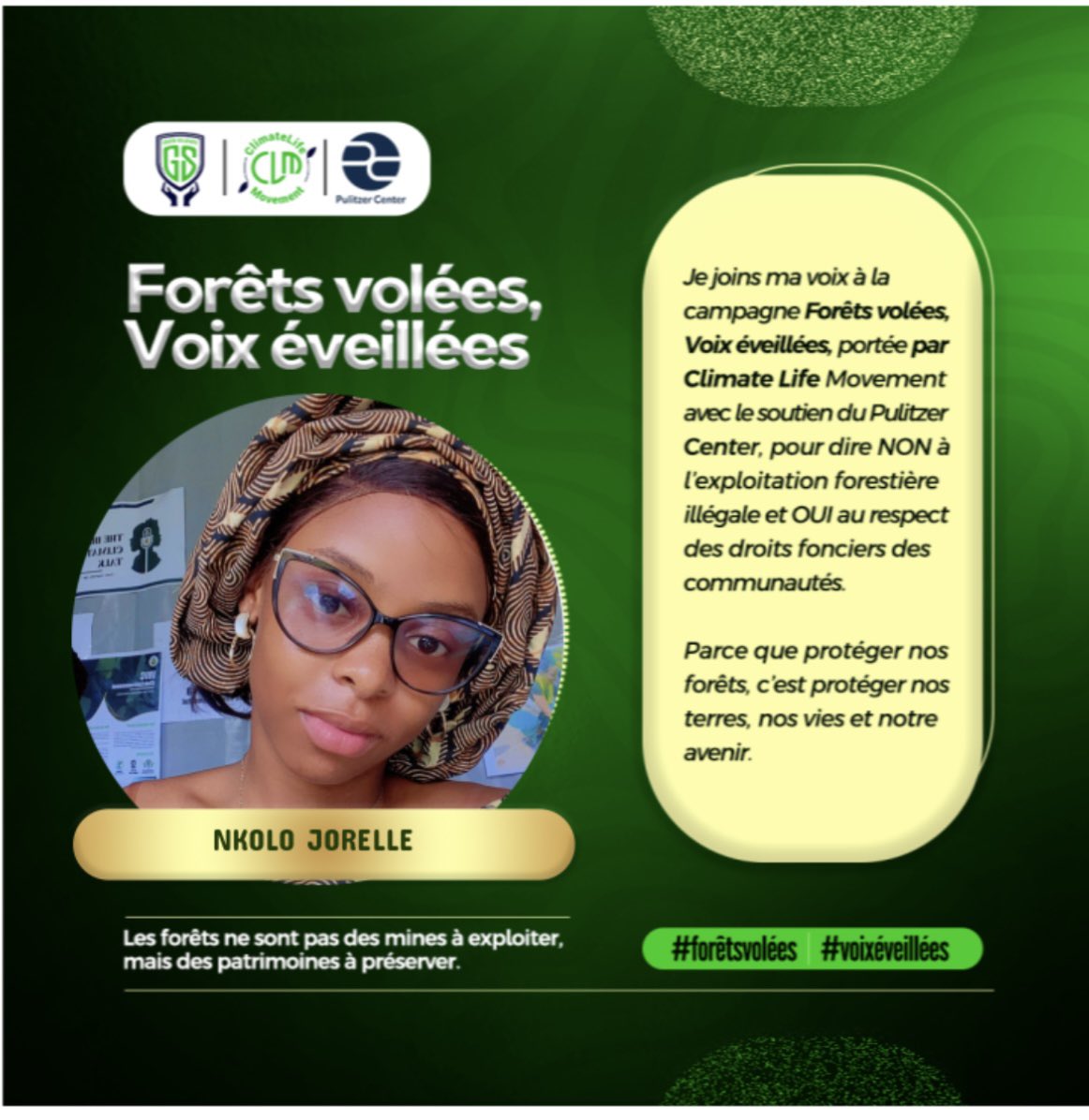 I stand with @climatelifemovement &amp; <a href="/pulitzercenter/">Pulitzer Center</a> to say
NO to illegal logging
YES to land rights
#StolenForests #AwakenedVoices 🌍🌱