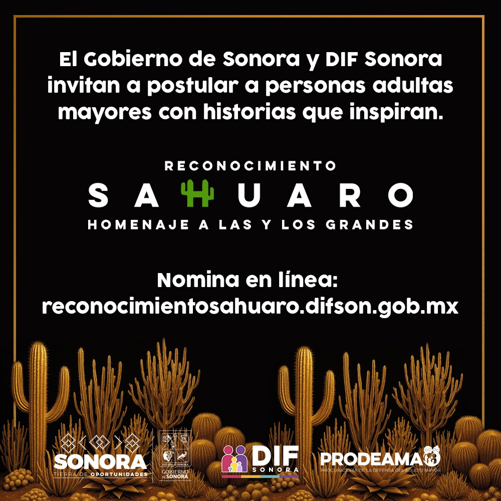 ¡Últimos días para nominar a quienes serán parte del homenaje "Reconocimiento Sahuaro" especialmente para personas mayores que han contribuido en la construcción de un Sonora grande.

postula a quien creas que merece este reconocimiento.🌵
reconocimientosahuaro.difson.gob.mx