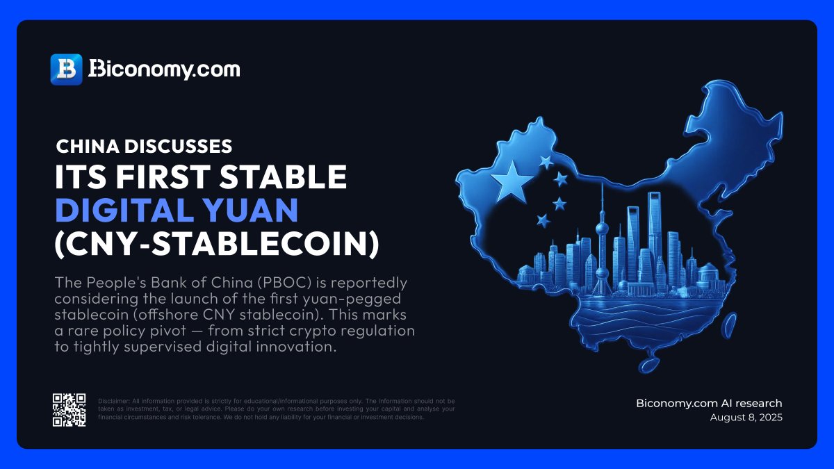 🇨🇳 China considers launching its first stable Digital Yuan  (CNY-Stablecoin) The PBOC is exploring a yuan-pegged offshore stablecoin in  a major policy shift toward regulated digital finance. A big move that could