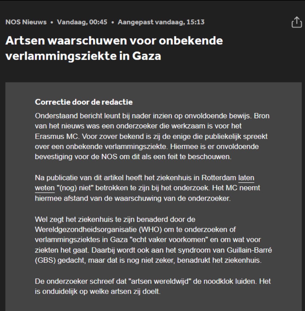 NOS corrigeert bericht over onbekende verlammingsziekte in #Gaza. Bron was #LottaPlomp verbonden aan de Erasmus Universiteit, die het over 100 zieken had en ‘natuurlijk’ concludeerde dat meer druk op Israël nodig is. (Als je dat niet zegt, kom je in de media nauwelijks aan de