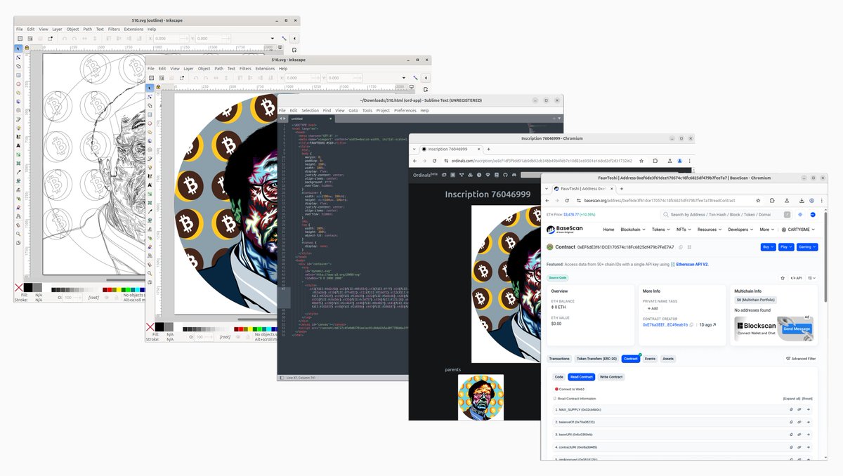3/  Spent 100+ HRS from painting, to SVG paths, generating, creating recursive inscriptions, a custom SeaDrop implementation, and deploying 512 pointer contracts. Using my own BTC upfront to pre-inscribe the ordinals necessary to pull it off. Genuine experimentation.