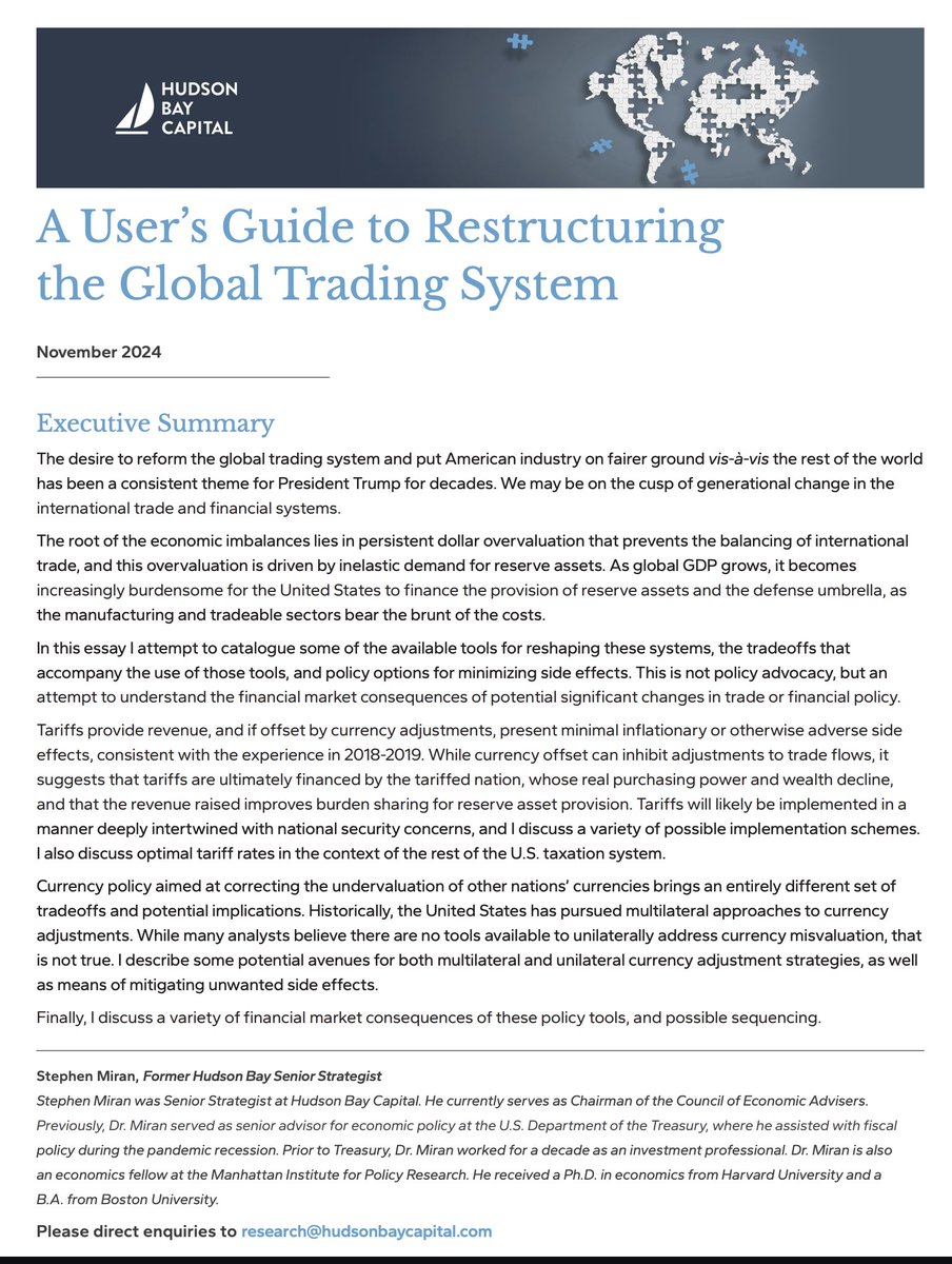 MartyParty (@martypartymusic) on Twitter photo Here is Stephen Miran's <a href="/SteveMiran/">Stephen Miran</a> thesis again. I posted this 6 months ago. Read again.
Executive Summary
The desire to reform the global trading system and put American industry on fairer ground vis-à-vis the rest of the world has been a consistent theme for President Here is Stephen Miran's <a href="/SteveMiran/">Stephen Miran</a> thesis again. I posted this 6 months ago. Read again.
Executive Summary
The desire to reform the global trading system and put American industry on fairer ground vis-à-vis the rest of the world has been a consistent theme for President