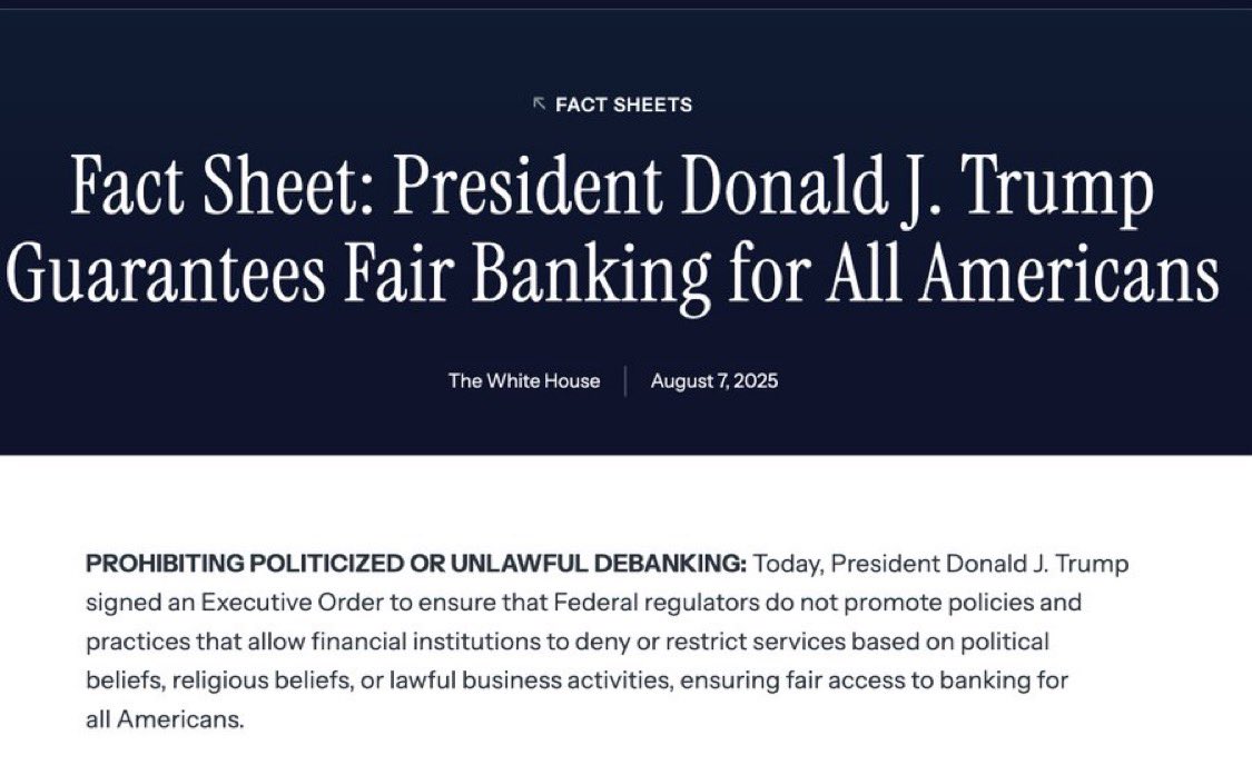 NET BINNEN: 🇺🇸 President Trump ondertekent een uitvoerend bevel om de "onrechtmatige debanking" van de Bitcoin- en crypto-industrie te stoppen🔥