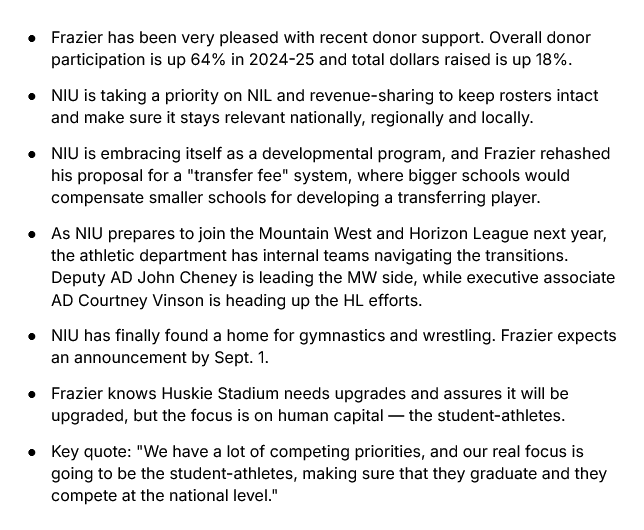 Took some time to listen to the recent episode of Frazier's Corner. <a href="/SeanTFrazier/">Sean T. Frazier</a> covered a lot in his chat with <a href="/AGarciaInSports/">Andy Garcia</a> about the new changes in college athletics and NIU's recent accomplishments.

Here's my biggest takeaways: