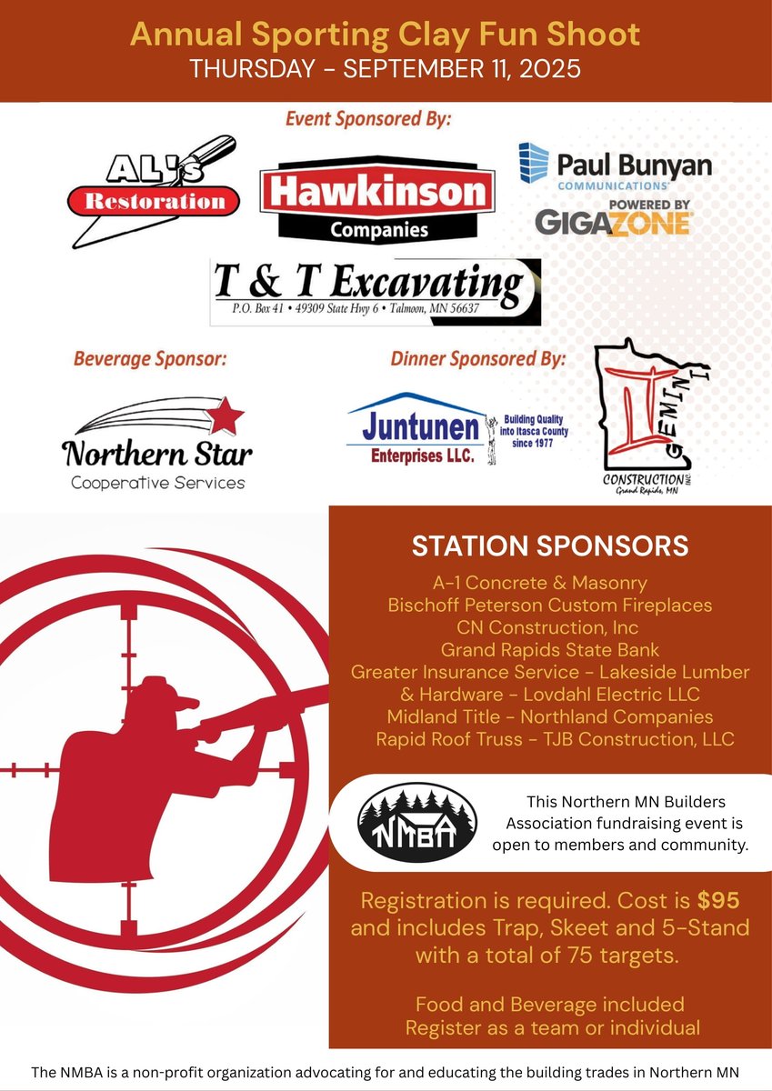 🎯 The NMBA Annual Sporting Clay Fun Shoot is on September 11th! This popular event includes 75 clay targets, dinner, drinks, and plenty of chances to connect with fellow builders and associates. 

🔗 Spots fill fast—register today at nmbuilders.com/upcoming-events.
#PaulBunyanCommunity