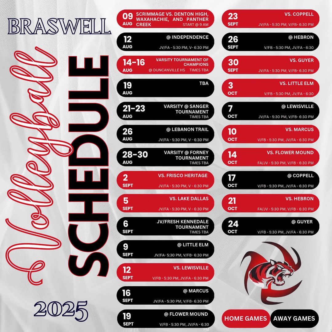 Our official season schedule! Save it, share it, and plan on packing the stands this 2025 season🏐❤️
#braswellvolleyball