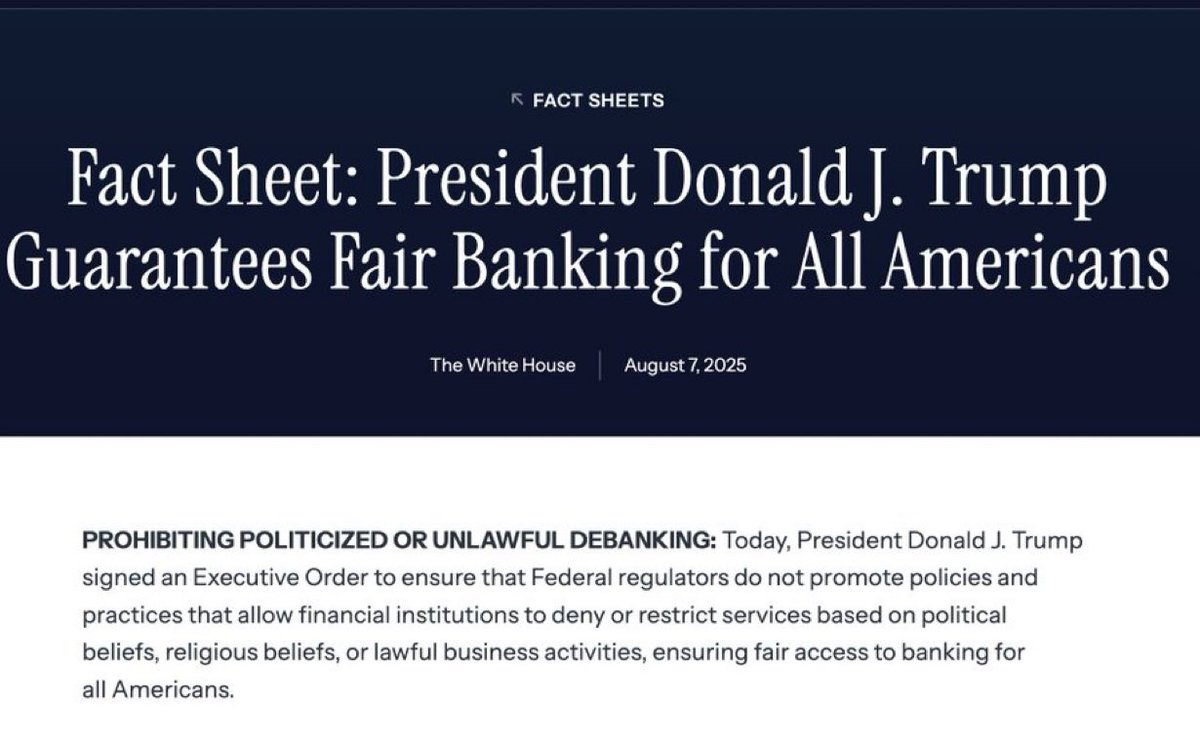 President Trump signs executive order to stop debanking of the Bitcoin and  crypto industry.