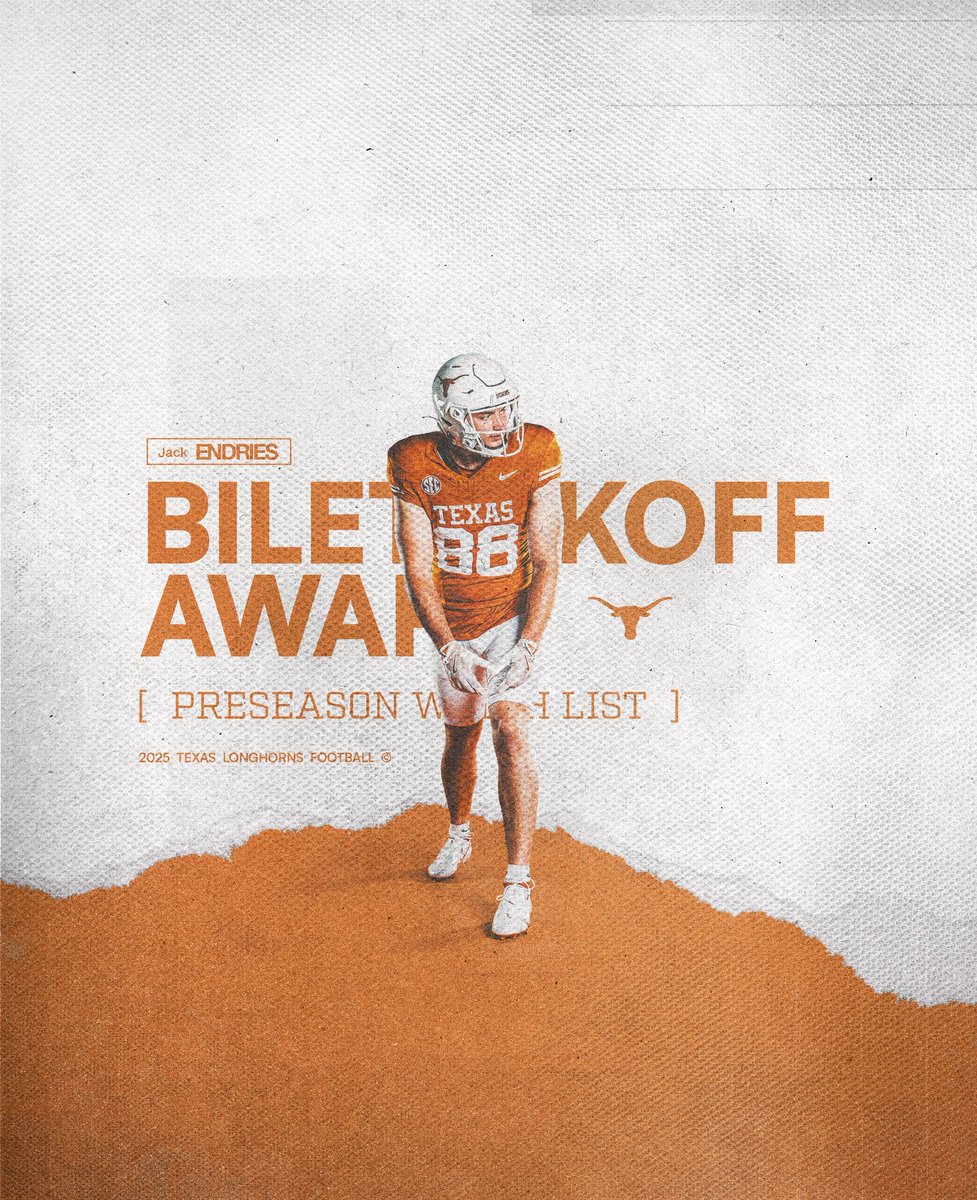 Texas Football (@texasfootball) on Twitter photo Jack Endries has been named to the Biletnikoff Award watch list 🤘
<a href="/JackEndries/">Jack Endries</a> x <a href="/biletnikoffawrd/">Biletnikoff Award</a> Jack Endries has been named to the Biletnikoff Award watch list 🤘
<a href="/JackEndries/">Jack Endries</a> x <a href="/biletnikoffawrd/">Biletnikoff Award</a>