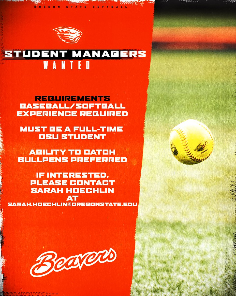 Oregon State Softball (@beaversoftball) on Twitter photo We're looking for some student managers ahead of the 2026 season! ๐
If interested, contact Sarah Hoechlin for more information
๐จ sarah.hoechlin@oregonstate.edu We're looking for some student managers ahead of the 2026 season! ๐
If interested, contact Sarah Hoechlin for more information
๐จ sarah.hoechlin@oregonstate.edu