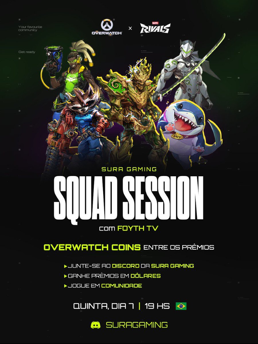 suragamingbr's tweet photo. 🚨 Alerta de Squad Session! 🚨
Já preparou seu escudo e suas habilidades? Porque hoje é dia de invadir a arena com Nós e o @FoythTv !🤠
💥 Às 19h, a #SquadSession vai pegar fogo! Se for jogar Marvel Rivals, só não vale pegar o Homem-Aranha, hein? E se chegar atrasado, vai ficar sem a Tracer no Overwatch! 😉
💰 Além da zoeira, tem Overwatch Coins e prêmios em dólar pra quem mandar bem! Junte-se à comunidade, monte seu esquadrão e bora pro combate!
📍 Cola no nosso Discord! Link nos comentários! 👇
