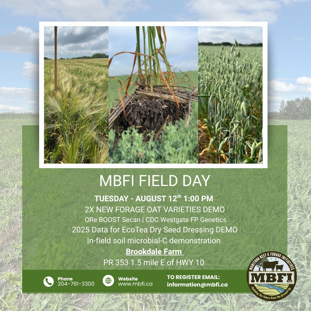 Let's meet in the field Tues Aug 12th 1 PM at MBFI

We'll be looking at new forage oat varieties, sharing early data for EcoTea seed dressing demo on yield and soil microbial-C &amp; field demo of microBIOMETER to measure microbial biomass
<a href="/ManitobaBeef/">Manitoba Beef Producers</a> <a href="/DUCmanitoba/">Ducks Unlimited MB</a> <a href="/MBGovAg/">Manitoba Agriculture</a>