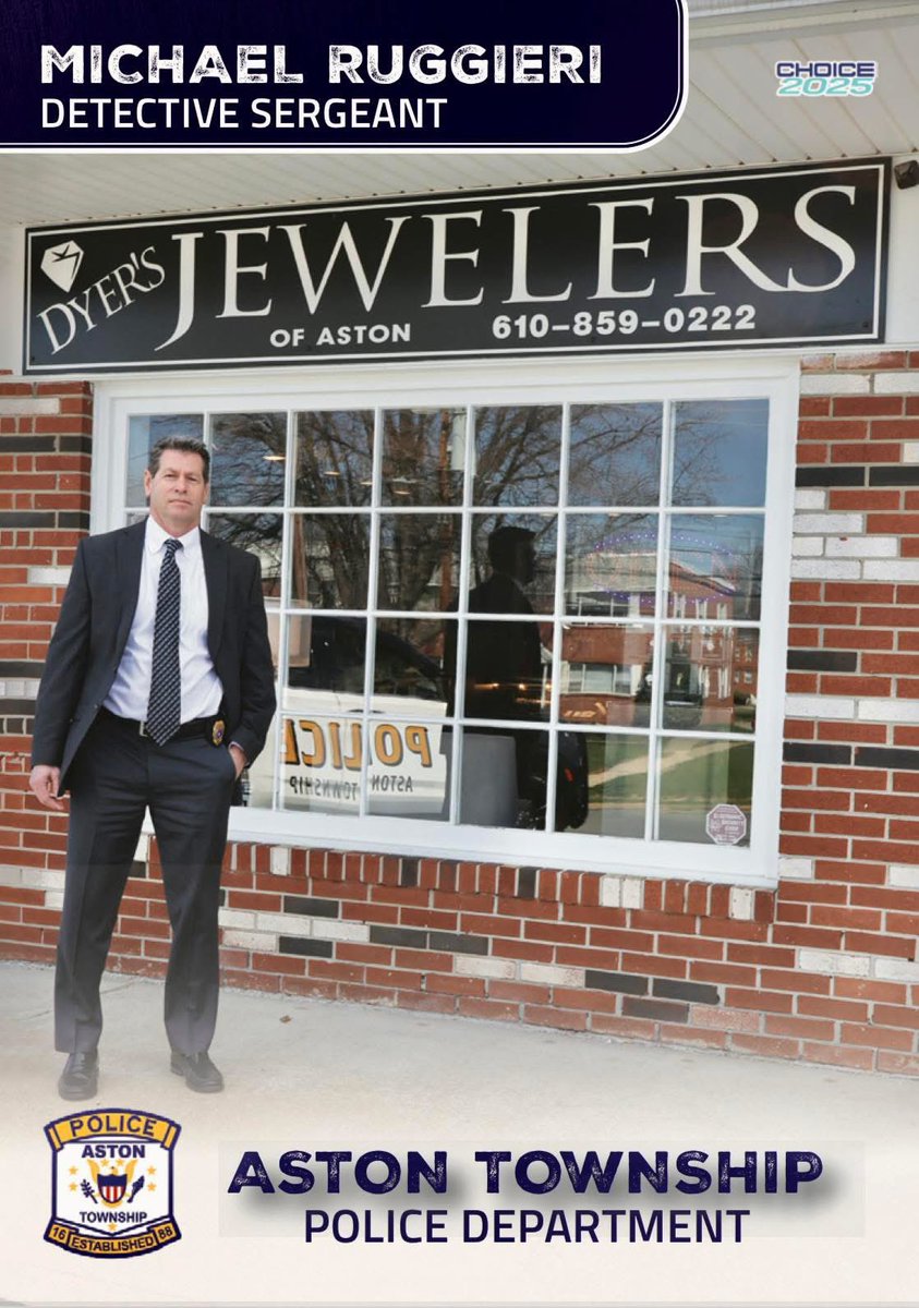 Card #25 is Detective Sergeant Michael Ruggieri.  His card can be picked up at Dyer’s Jewelers located at 
2745 Weir Road, Aston.  Cards will be handed out Tuesday through Friday 10am to 5pm and Saturday 10am to 3pm.  Released date: 08/07/25.  Card 25 of 31.