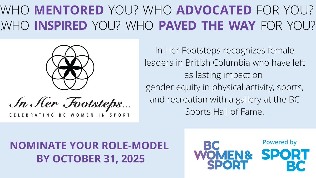 CALL FOR NOMINATIONS

Do you know a woman who has impacted sports and recreation for women and girls in BC? Celebrate Women in Sport by nominating your role model for the In Her Footsteps award.

🔗Check our website SportBC.com for the nomination form!
