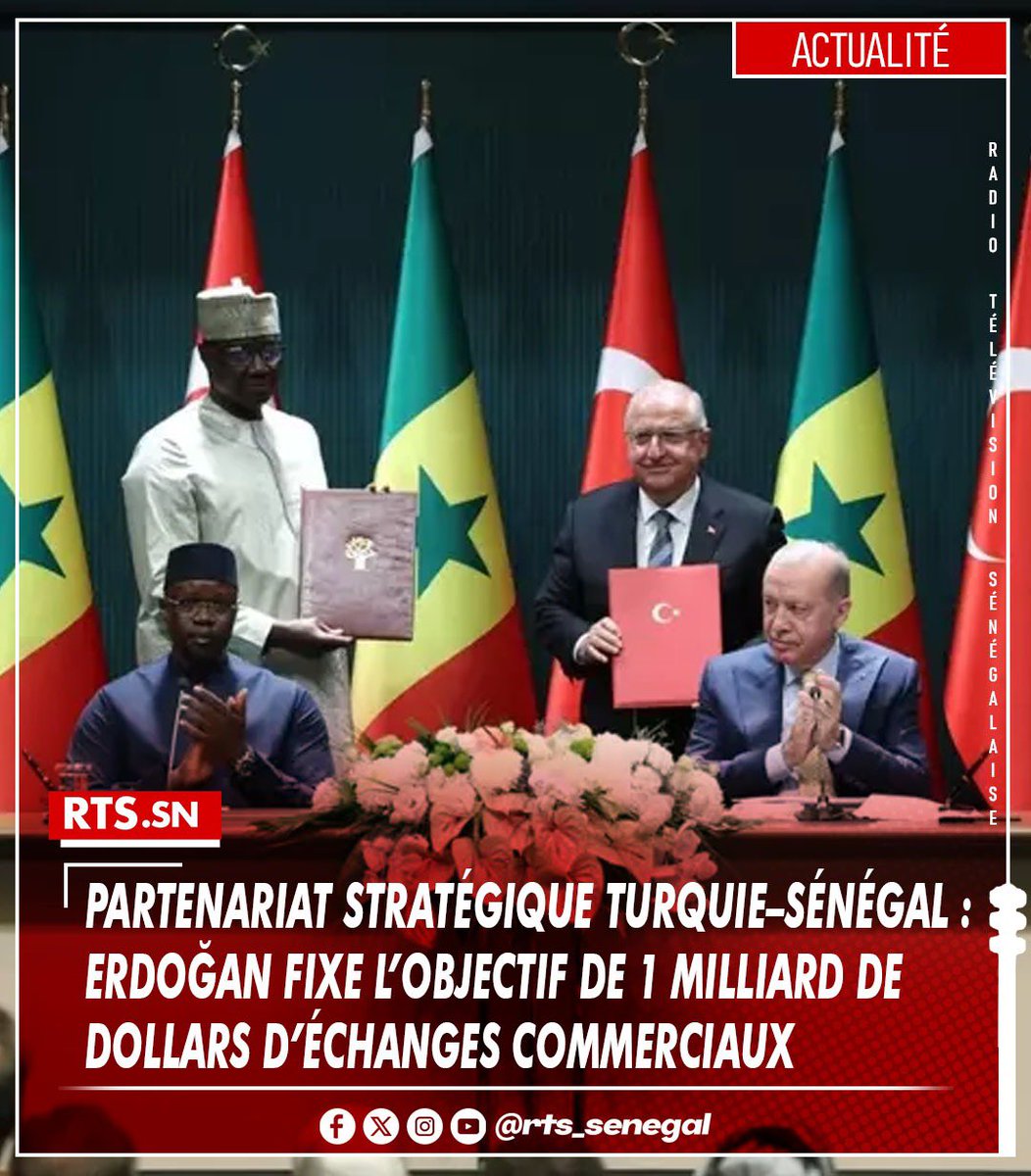 RTS SENEGAL (@rts1_senegal) on Twitter photo Le président <a href="/RTErdogan/">Recep Tayyip Erdoğan</a> annoncé l’ambition de porter les échanges commerciaux Turquie–Sénégal à 1 milliard de dollars. Il a salué les investissements turcs déjà réalisés, exprimé son soutien au plan Sénégal 2050 et réaffirmé la solidité du partenariat bilatéral. Le président <a href="/RTErdogan/">Recep Tayyip Erdoğan</a> annoncé l’ambition de porter les échanges commerciaux Turquie–Sénégal à 1 milliard de dollars. Il a salué les investissements turcs déjà réalisés, exprimé son soutien au plan Sénégal 2050 et réaffirmé la solidité du partenariat bilatéral.
