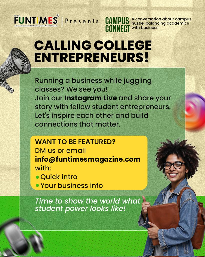 FunTimesMag's tweet photo. Are you a studentpreneur juggling classes, business, and everything in between?

We are hosting an Instagram Live for young entrepreneurs like you who are building their dreams while still in school, and we want you on it.

We have seen the hustle... the late nights, early mornings, and the passion you pour into making something yours. It’s not easy, but it’s inspiring, and your story deserves to be heard.

This is your chance to share it, inspire someone, and connect with others who truly understand the hustle.

Want to be a guest on our IG Live? Send a DM or email info@funtimesmagazine.com with a short intro and your business info.

Spots are limited, so don’t wait. Reach out now.

#CollegeCEO #StudentBusinessOwner #IGLive #EntrepreneurLife #CampusHustle #DiasporaConnect #FunTimesMagazine