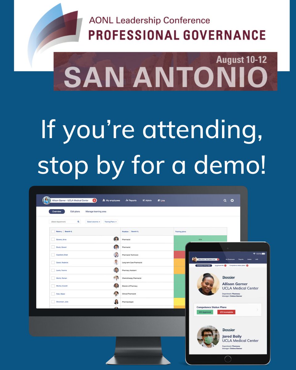 DossierSolution's tweet image. Make sure to stop by and say hello at the AONL Professional Leadership Conference next week from August 10-12!

#HealthTech #Healthcare #CompetencyManagement #Efficiency #HealthcareInnovation #Dossier