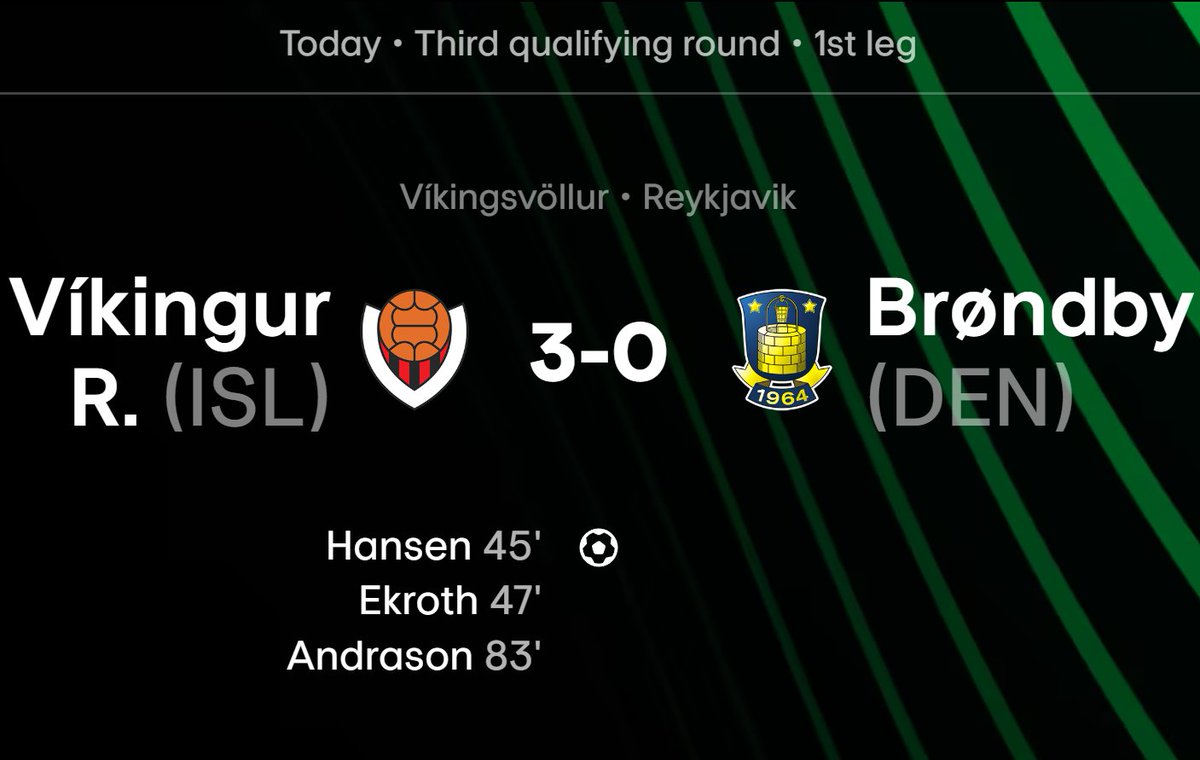 🚨 🇮🇸 Víkingur Reykjavík with one of the biggest wins in THEIR HISTORY as they defeated 🇩🇰 Brøndby 3-0!

💥 Predicted UECL Play-offs:

🇫🇷 Strasbourg
vs
🇮🇸 Víkingur Reykjavík